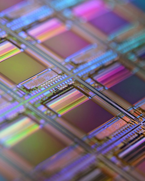 A lattice of reflective rainbow-tinted computer chips.