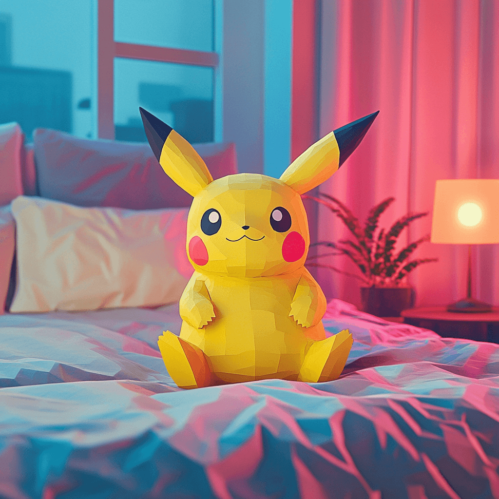 Paper-crafted Pikachu sitting on a bed in a cozy, softly lit bedroom with a pink and blue ambiance, featuring a bedside lamp and a potted plant.