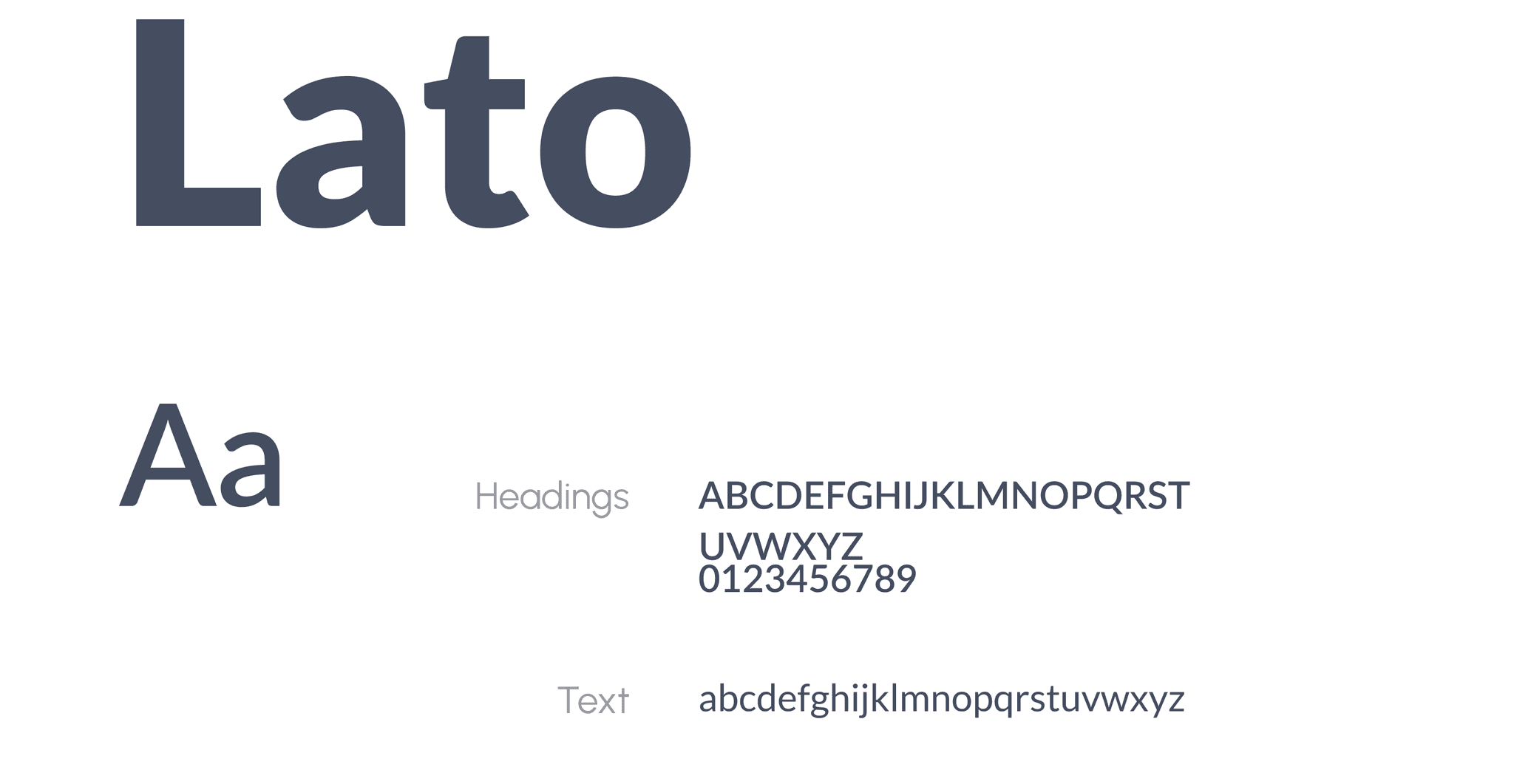 Lato typeface showing headings in uppercase and text in lowercase.