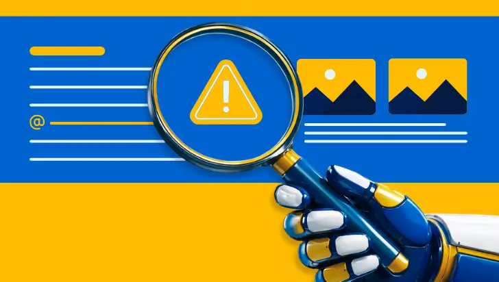 Robotic hand holding a magnifying glass over an SEO warning icon on a website layout graphic.