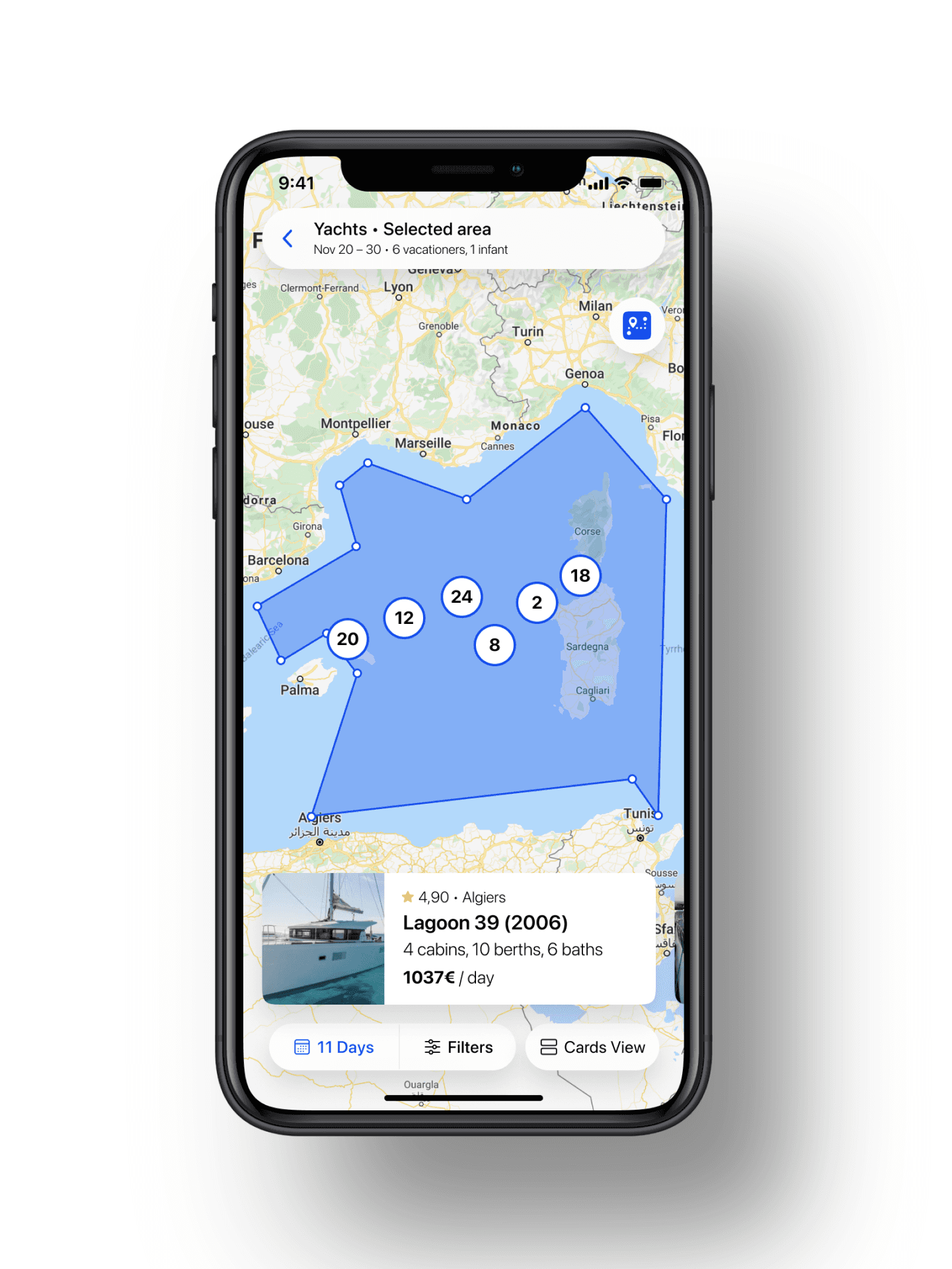 Display of actual akht placement with points in marinas and in open water