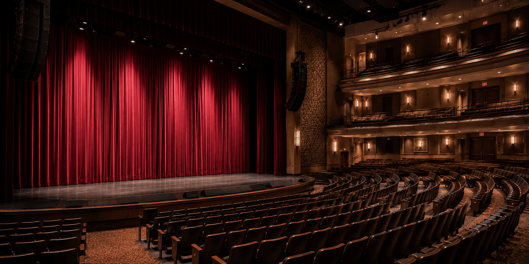 Theater stage with flame-retardant curtains and drapery.