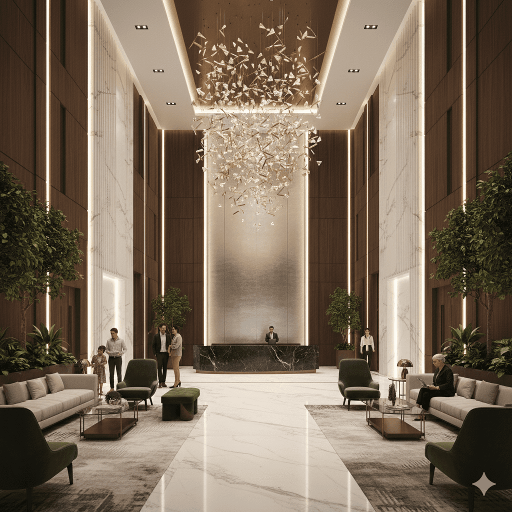 Luxury residential lobby with grand chandelier, M3M Capital, Sector 113.