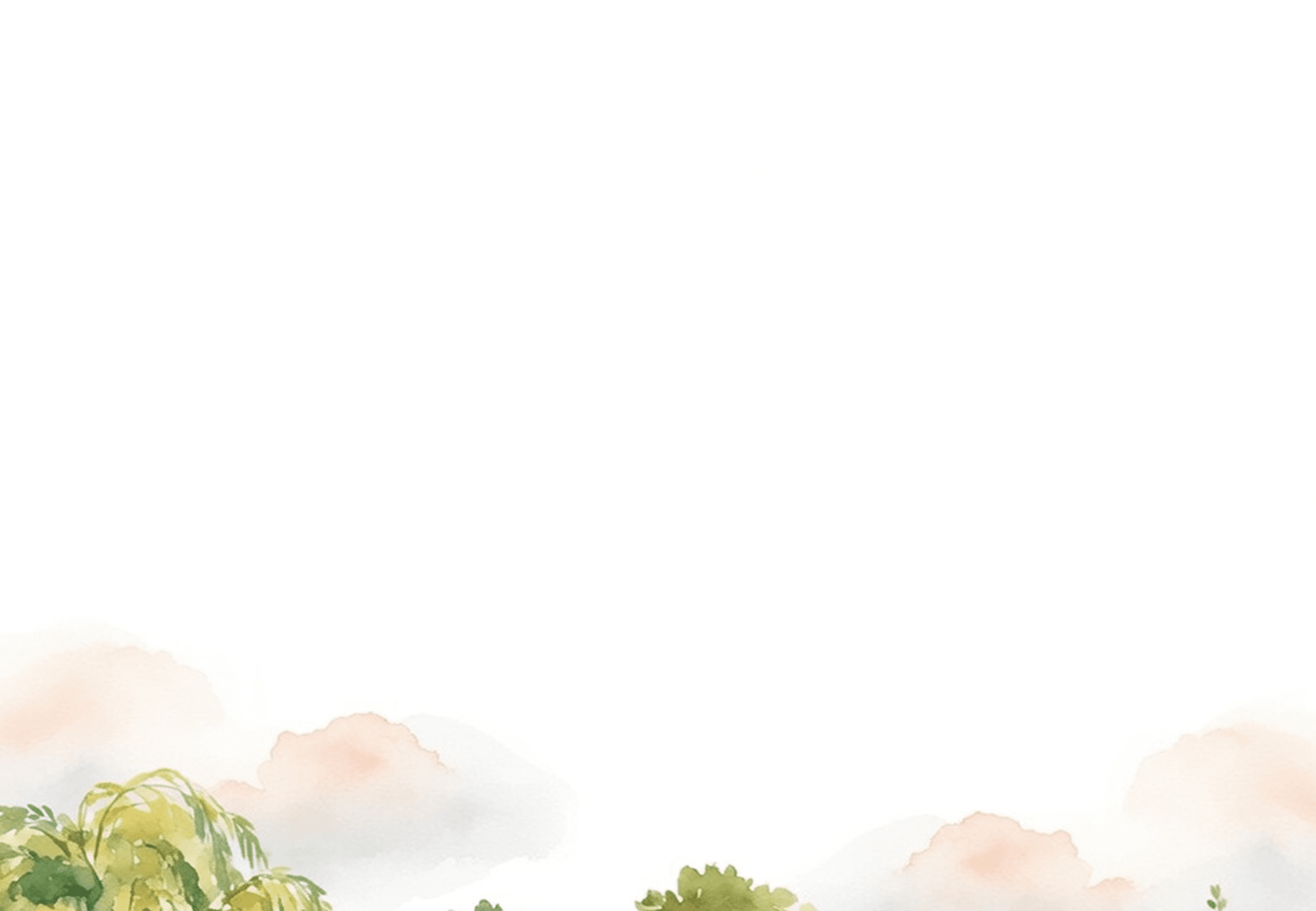Soft watercolor treetops and pastel clouds along the bottom edge