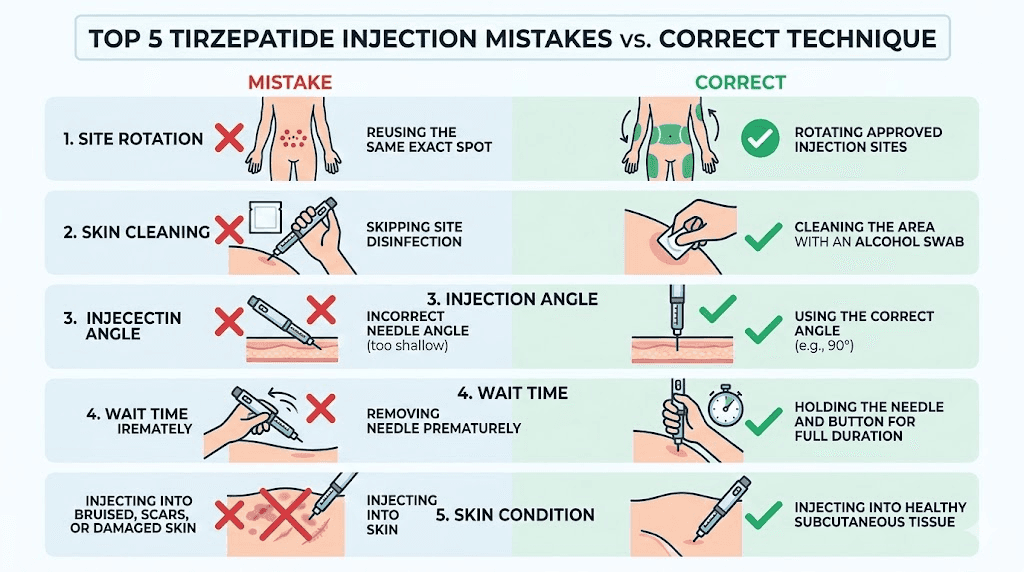 Common tirzepatide injection mistakes to avoid with correct technique comparison