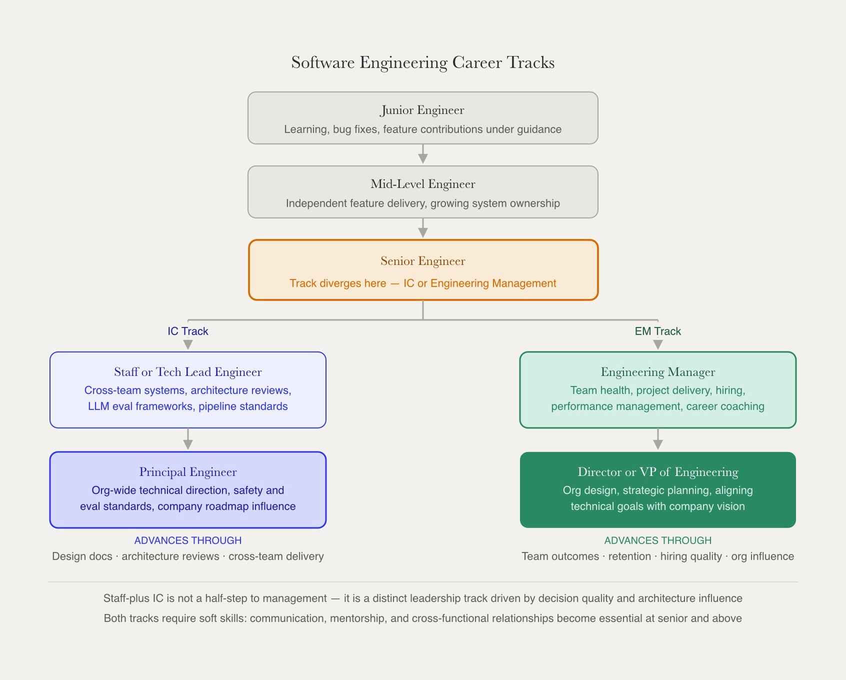 Software engineer career progression split-path showing shared junior and mid-level foundations forking at senior into an IC track rising to principal and an EM track rising to VP.