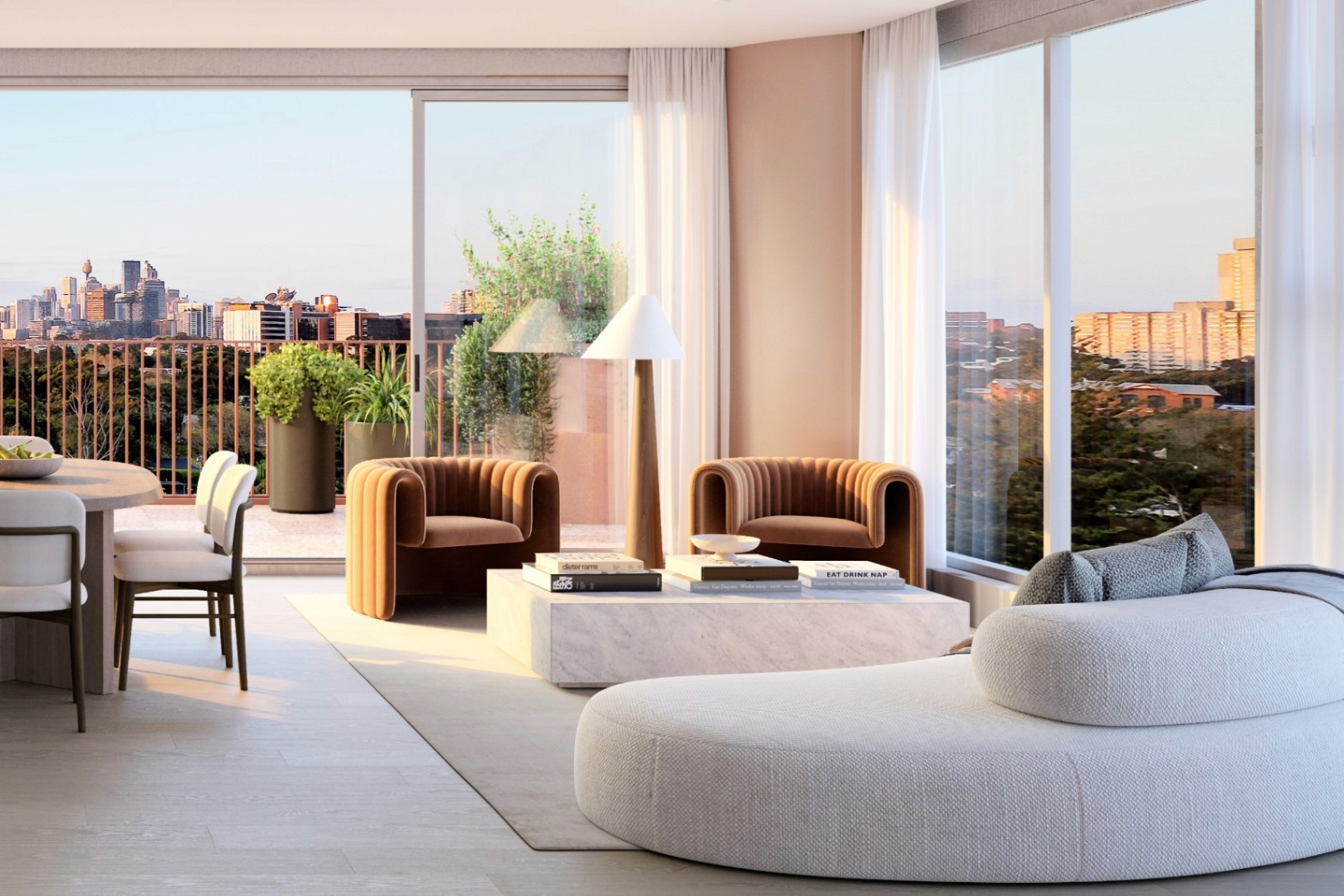 Light-filled living room at Lillian Erskineville apartment with balcony and Sydney skyline views