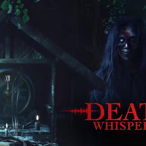 Dark eerie room with a sinister figure, candles, and an old clock showing XIII. Text: "DEATH WHISPERS" in red letters.