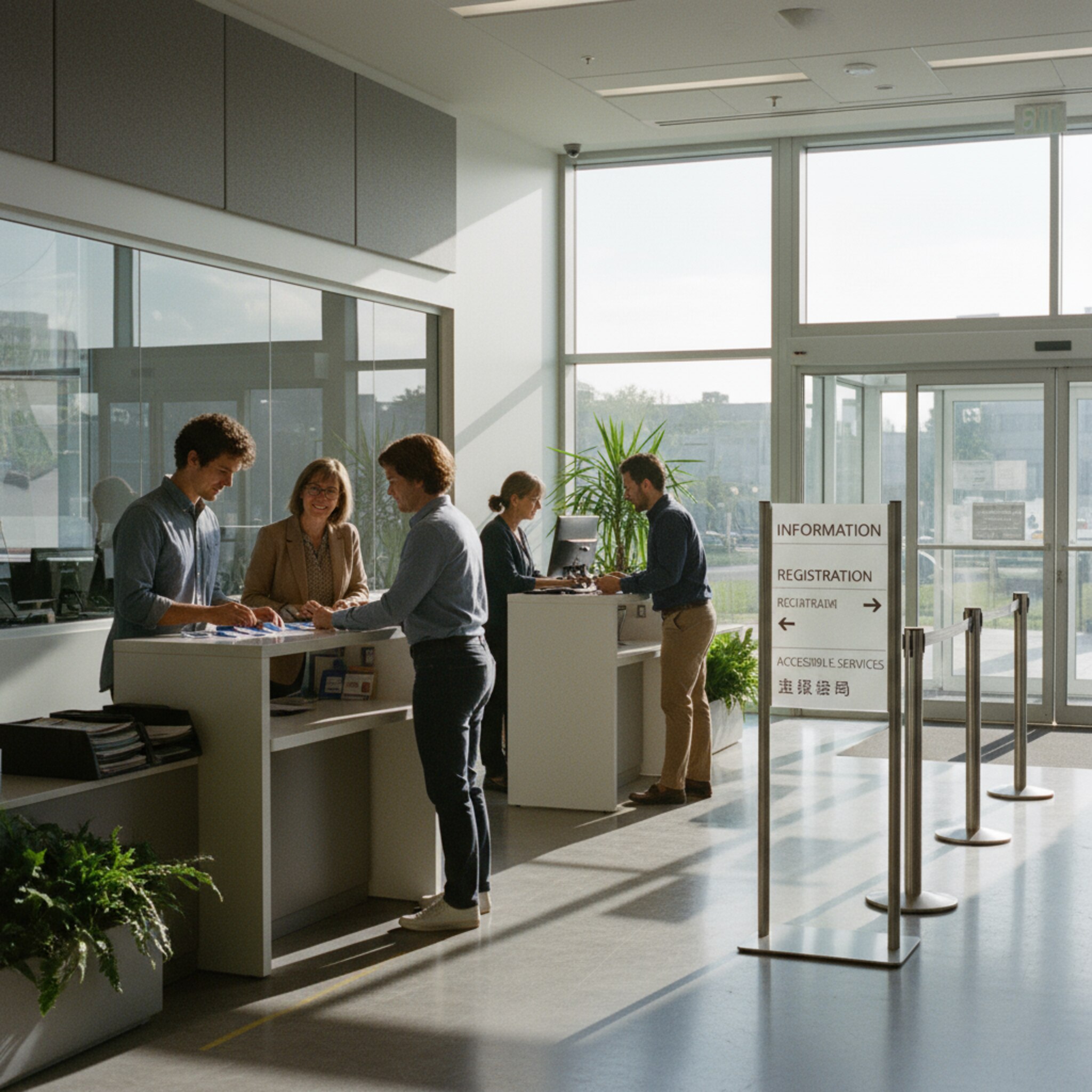 Vor Öffnung ordnet ein Team Namensschilder an Schaltern und stellt Wegweiser gerade. Ein Kollege prüft leise die Ausstattung des Arbeitsplatzes, während Sonnenlicht über den sauberen Boden gleitet. Die Anordnung wirkt logisch, barrierearm und bereit für geordnete Besucherströme.