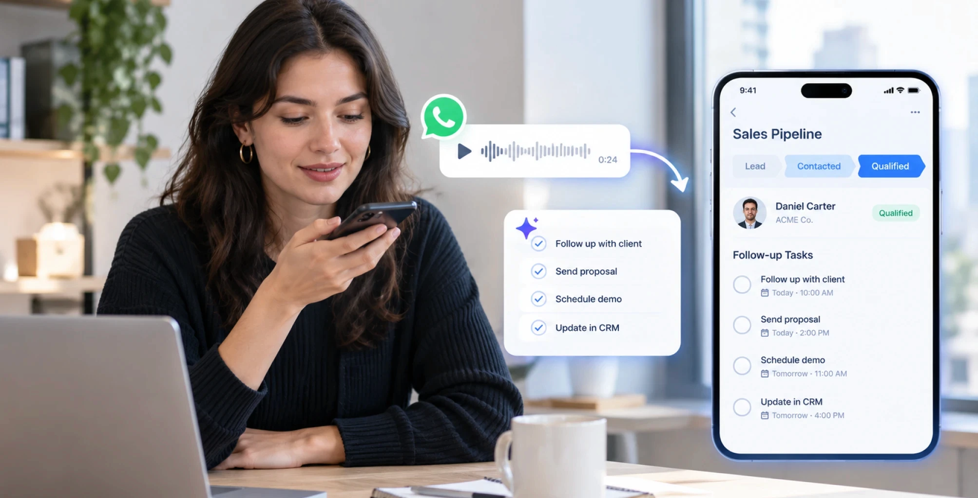 Sales lead capturing client follow-up tasks from a WhatsApp voice note alongside a CRM