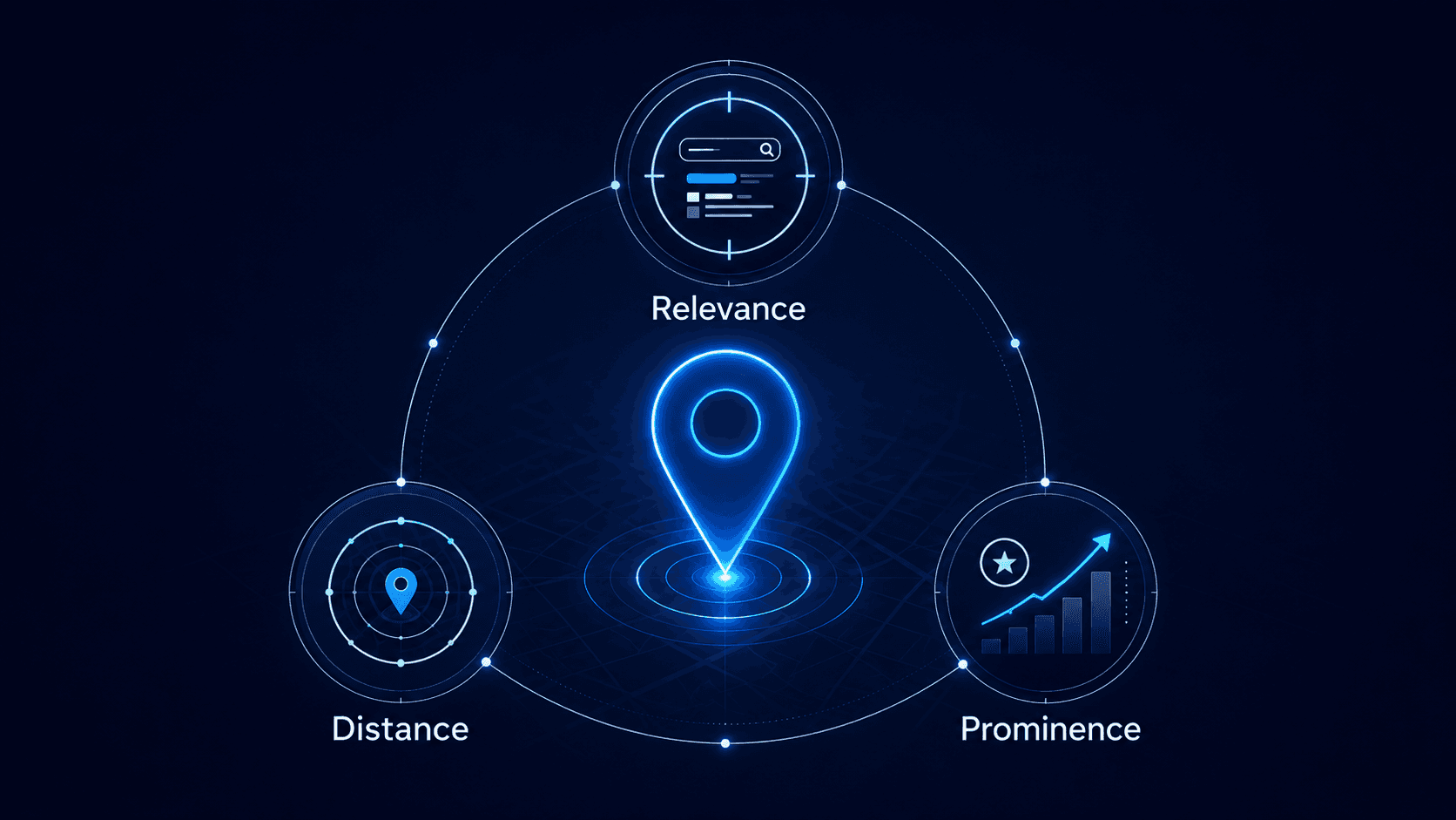 Diagram showing relevance, distance and prominence as key factors in Google local search rankings.