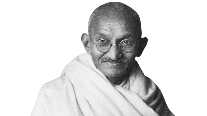 Black-and-white portrait of Mahatma Gandhi, the Indian leader and advocate for nonviolent resistance, wearing round glasses and a traditional white shawl, with a calm and peaceful expression on his face.