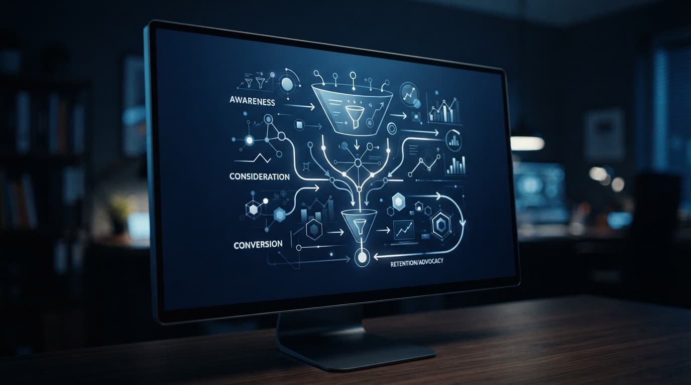 A sleek monitor showing a minimalist marketing funnel diagram in dark blue light.