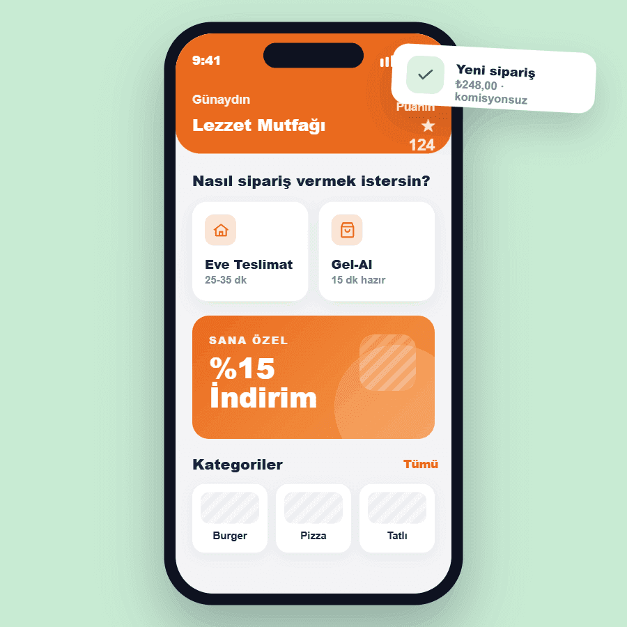Restoranın kendi markalı mobil uygulamasında paket sipariş ekranı