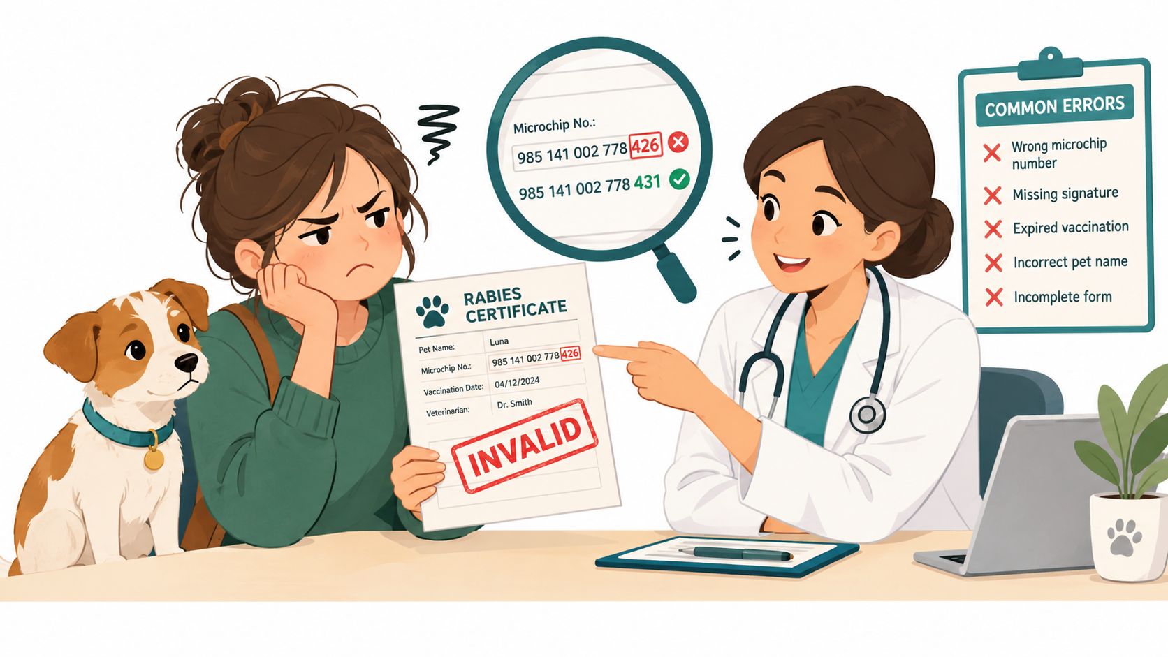 A veterinarian pointing out an error on an invalid rabies certificate to a concerned pet owner.