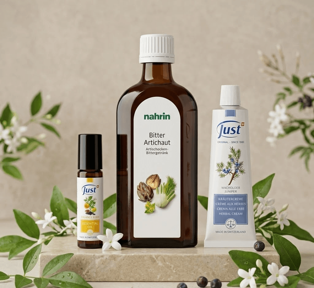 Produits naturels Just Suisse : Artichaut Bitter digestion, roll-on huiles essentielles et crème Kräuter aux plantes pour le bien-être et l’équilibre du corps