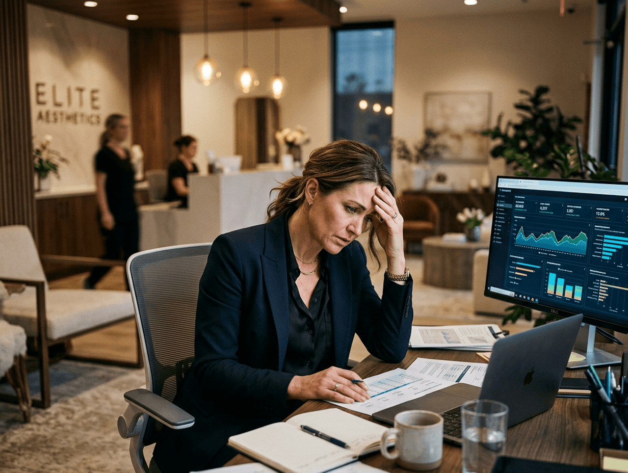Med spa owner reviewing marketing funnel data across EMR, CRM, and ad platform dashboards