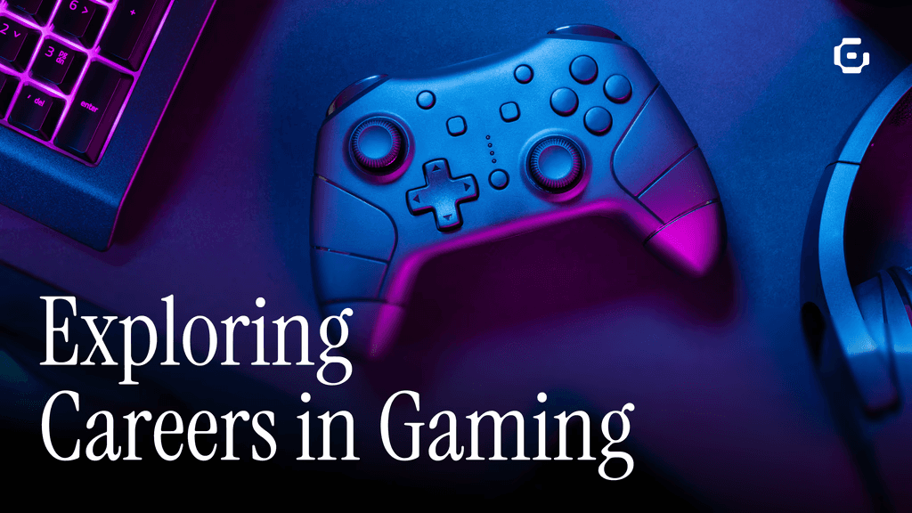 A top-down view of a modern game controller placed on a desk, illuminated by blue and magenta lighting. Part of a keyboard is visible in the corner, and a pair of headphones rests nearby. The scene has a sleek, neon-lit aesthetic, suggesting a gaming setup or workspace.