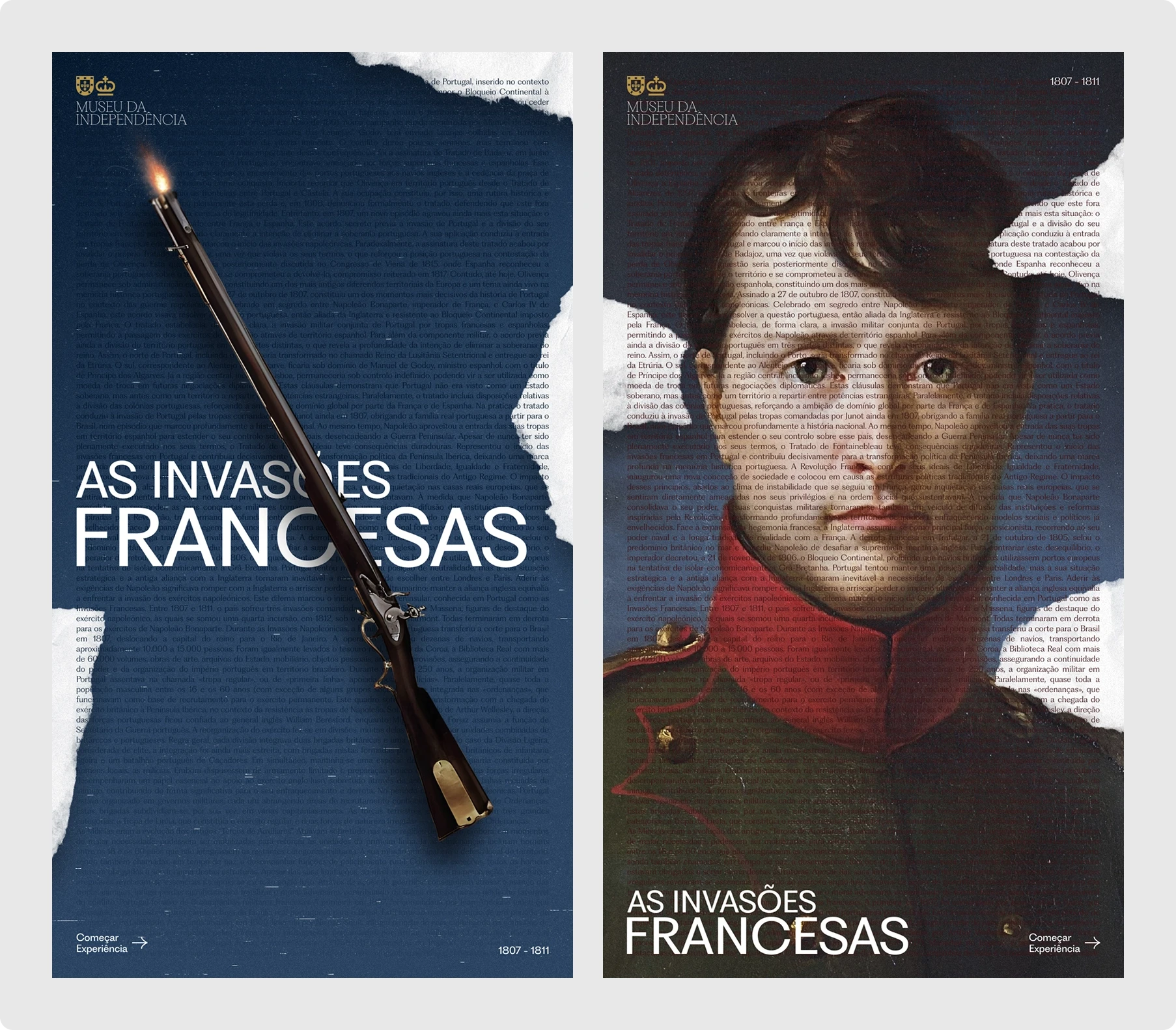 Duas capas de “As Invasões Francesas”: à esquerda, mosquete sobre fundo azul; à direita, retrato de soldado uniformizado. Tom histórico.