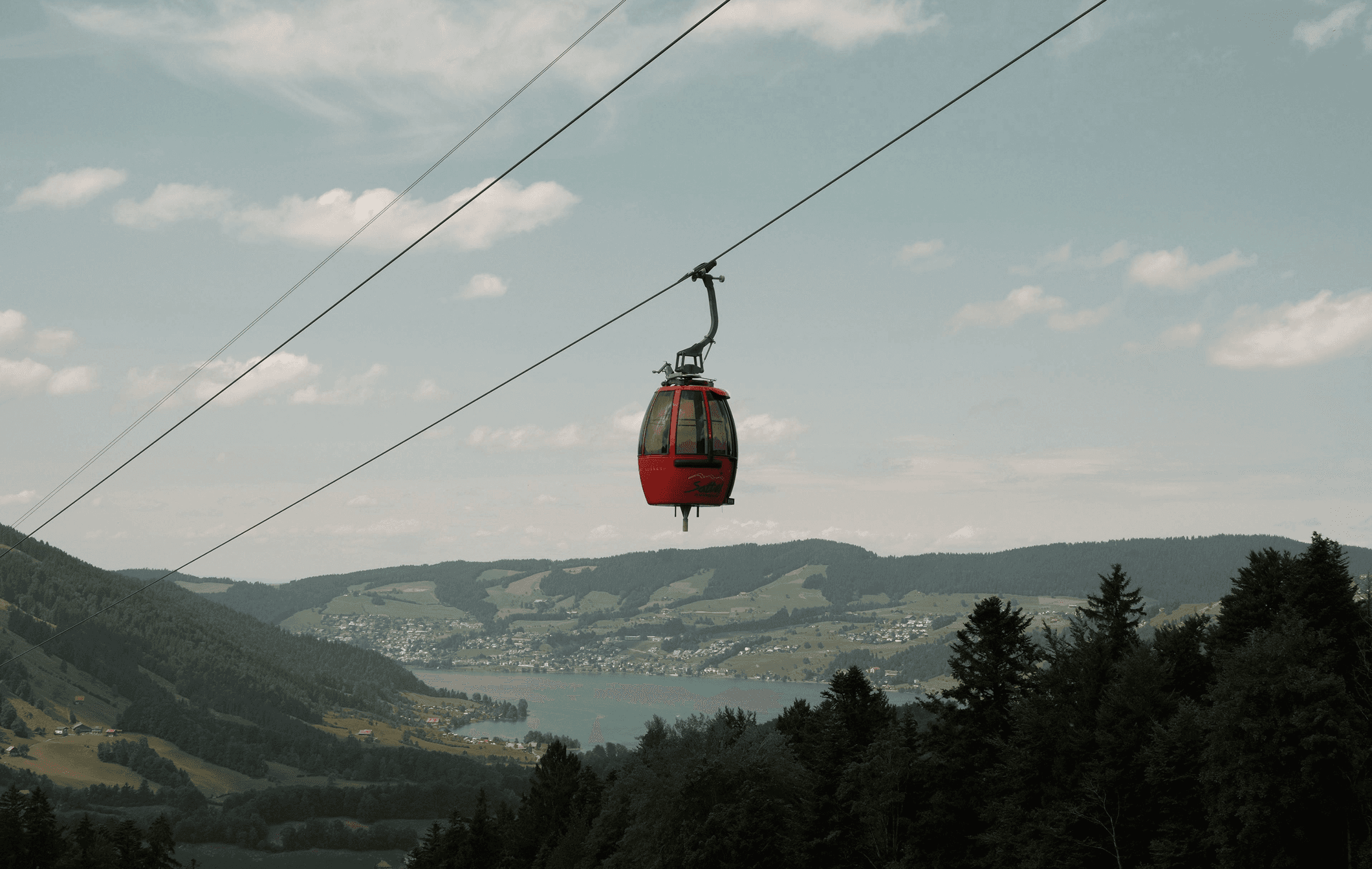 Cable car moving over a forested landscape