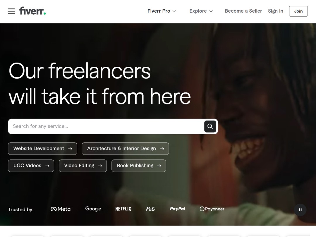Fiverr homepage with freelancer service categories and search bar.