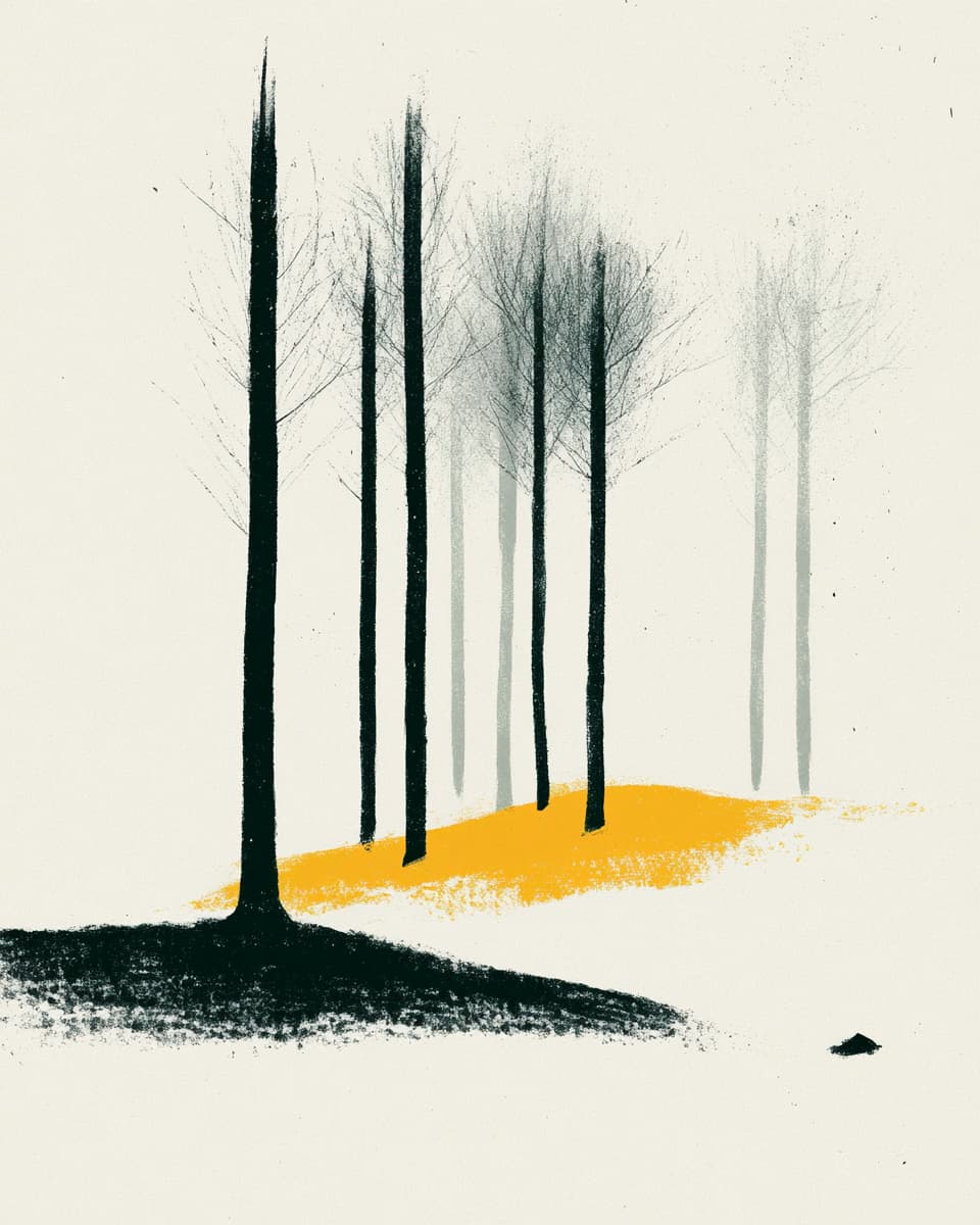 Illustration Bäume im Wald, minimalistisch, gelber Boden, Kunst, Grafikdesign