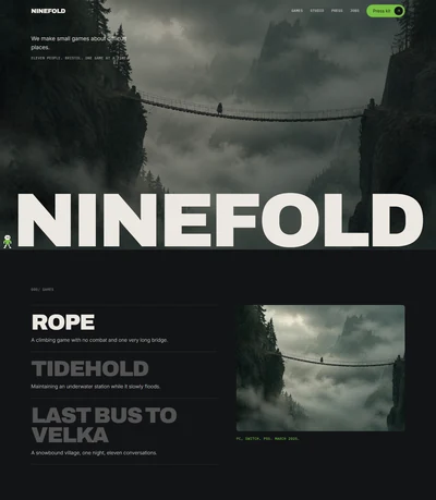 Game studio website built with AI showing a rope bridge key art hero, a pixel character on a hairline and a games index with ROPE, TIDEHOLD and LAST BUS TO VELKA