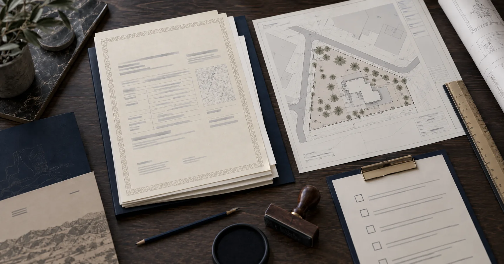 مستندات رخصة البناء الرسمية مرتبة على مكتب هندسي مع مخطط موقع وختم اعتماد قبل رفعها على منصة بلدي في الرياض