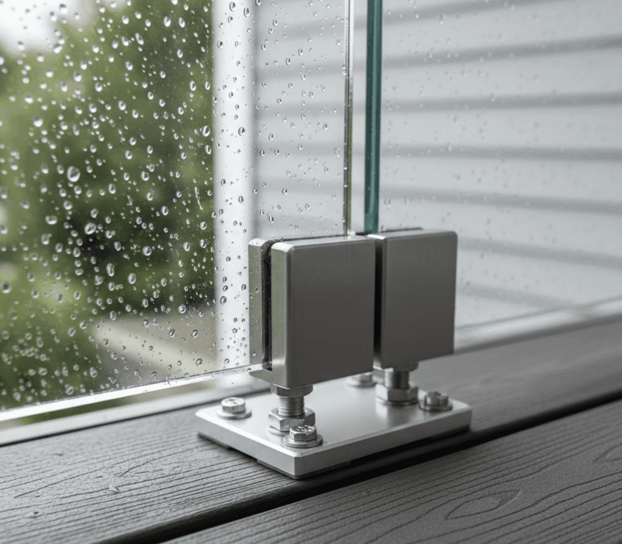 Macro close-up of base shoe mounting system securing 12mm glass panel to composite deck board, water droplets on glass from recent rain, sharp focus on hardware connection point, blurred townhouse siding in background, technical product photography with natural lighting