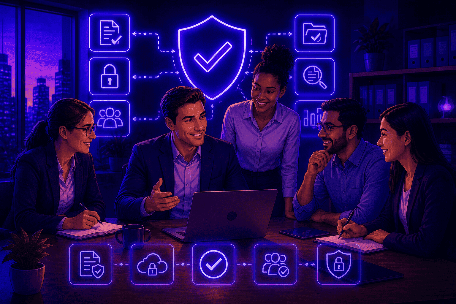 Manager and employees collaborating on data protection practices and maintaining strong alignment with DLP compliance standards.