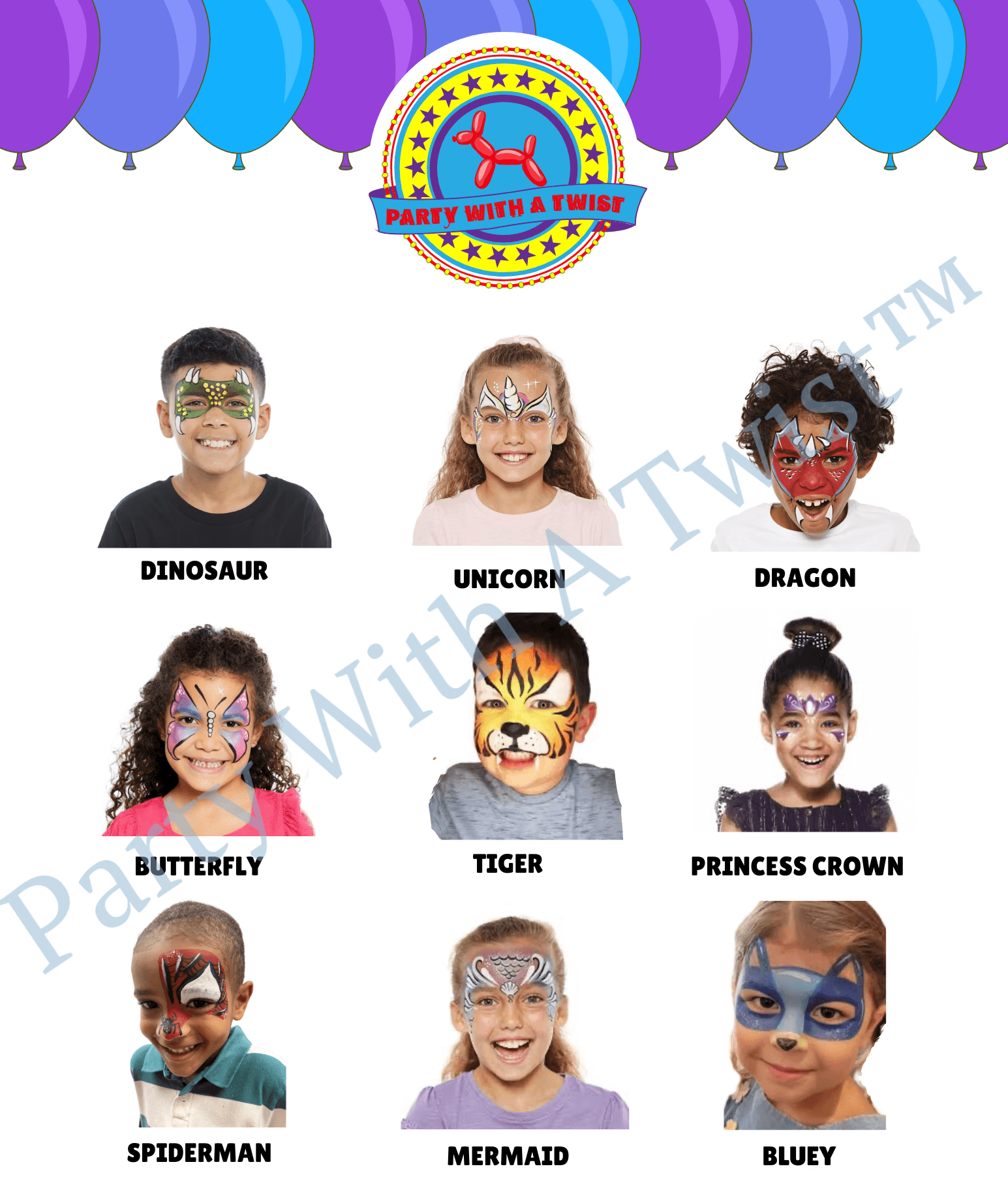 A colorful menu featuring balloon twisting designs offered by Party With A Twist, including options like a sword, alien, heart, dog, butterfly, kitty, flower, ninja, and T-Rex. The Party With A Twist logo is displayed at the top, surrounded by balloons. Contact information is listed at the bottom.