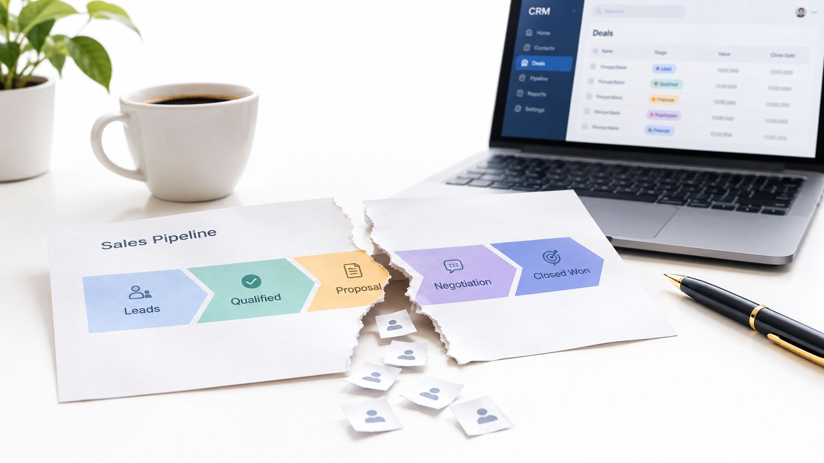 A torn paper strip illustrating a broken sales pipeline with scattered lead icons on a white desk.
