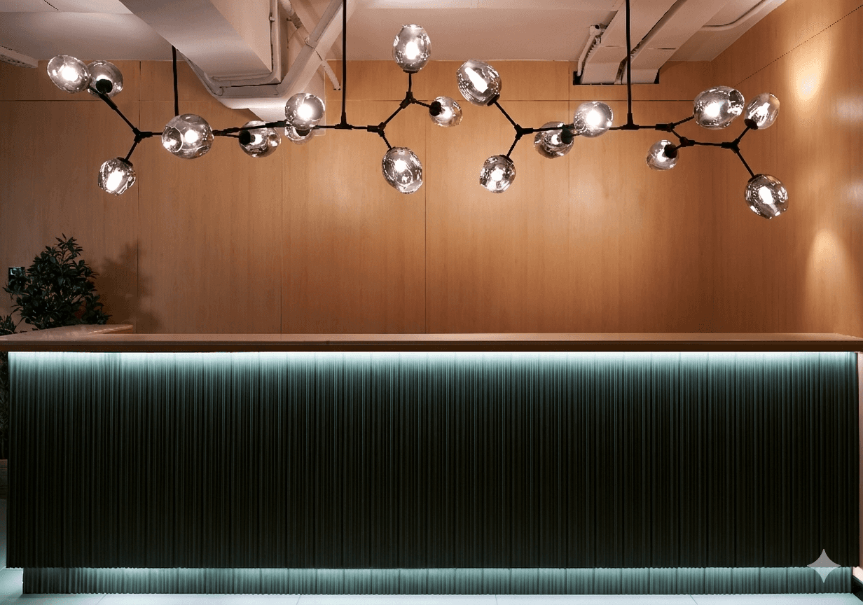 reception desk with sculptural ceiling light