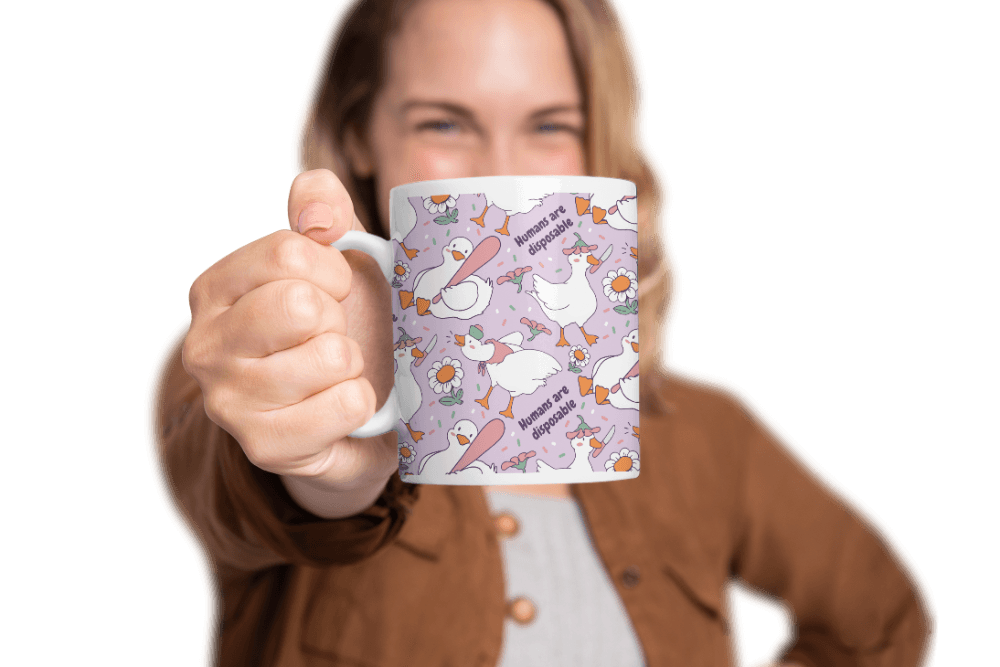 woman holding a mug with a duck pattern