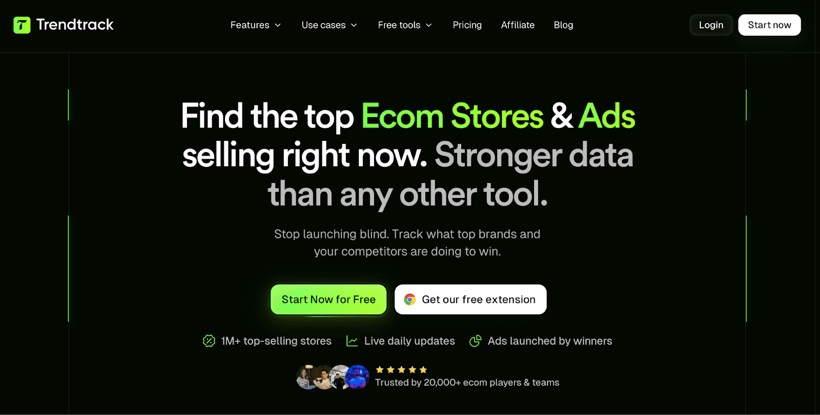 TrendTrack homepage promoting top eCommerce stores and ads.