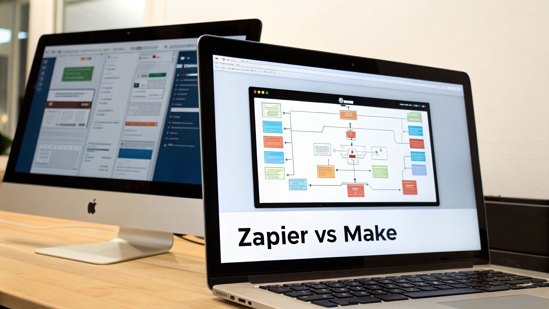 Deux ordinateurs sur un bureau en bois, le portable affichant une comparaison Zapier vs Make avec un diagramme de flux de travail.