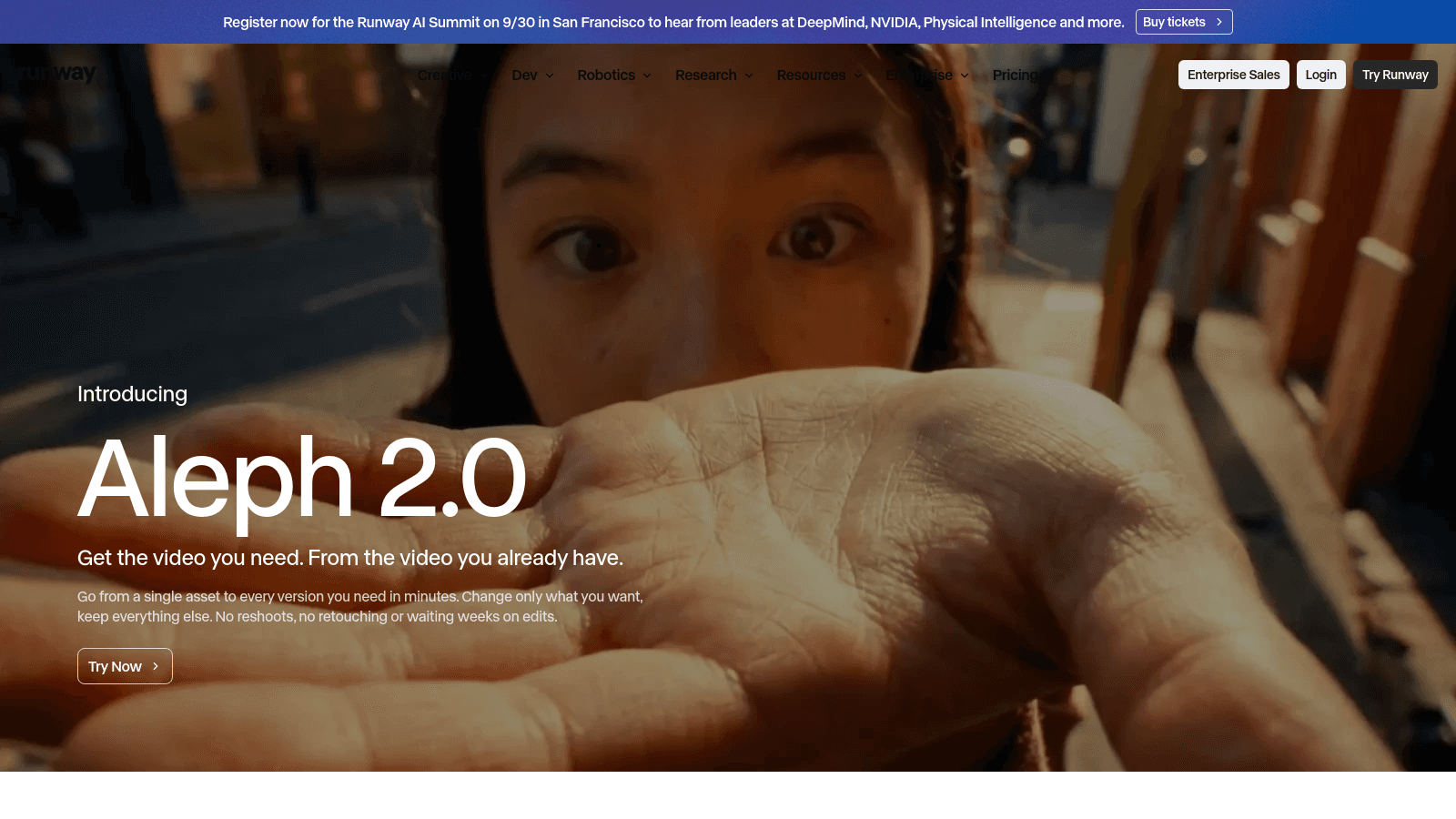 Runway product landing page for Aleph 2.0 featuring cinematic background imagery and call to action buttons.