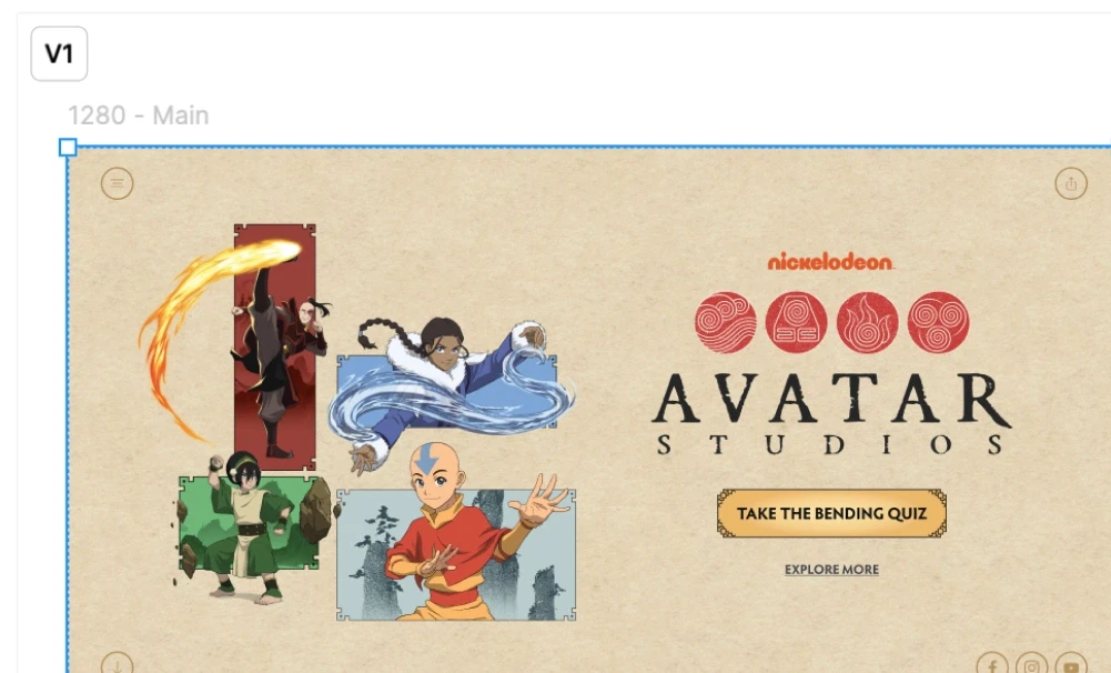 Early homepage design mockup featuring a light sandy background and colourful character poses.