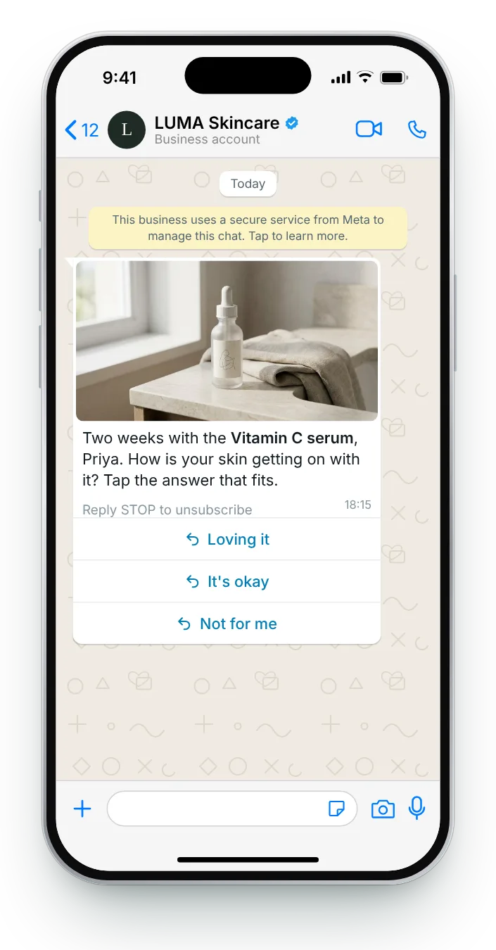 Three quick replies, then the form: WhatsApp review request on an iPhone