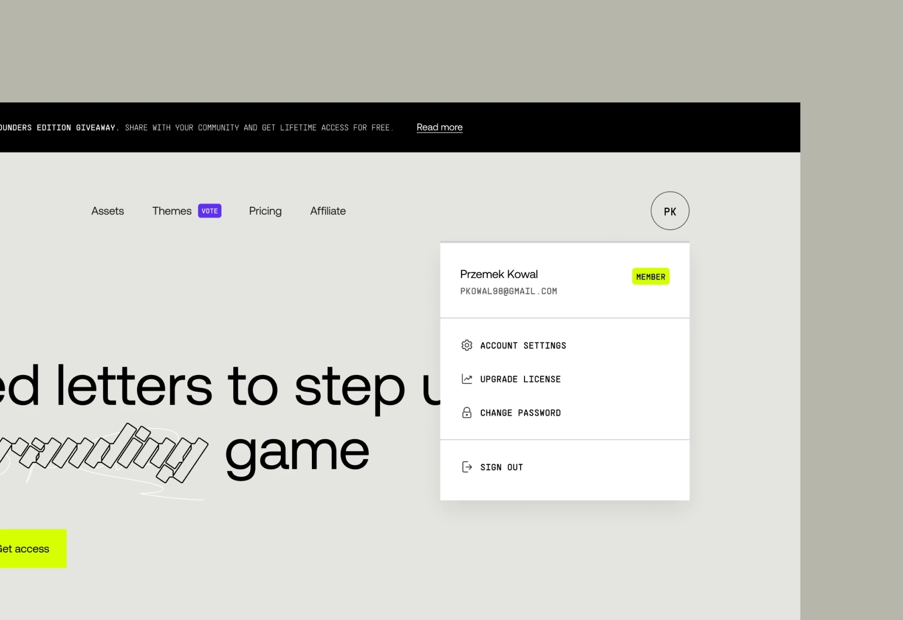 Gentype.io user menu showing account options for Przemek Kowal with a minimalist layout and neon green accents.