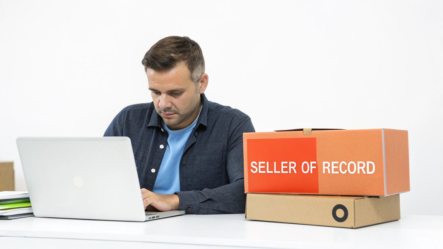 A man works on a laptop at a desk with stacked boxes, one clearly labeled 'SELLER OF RECORD'.