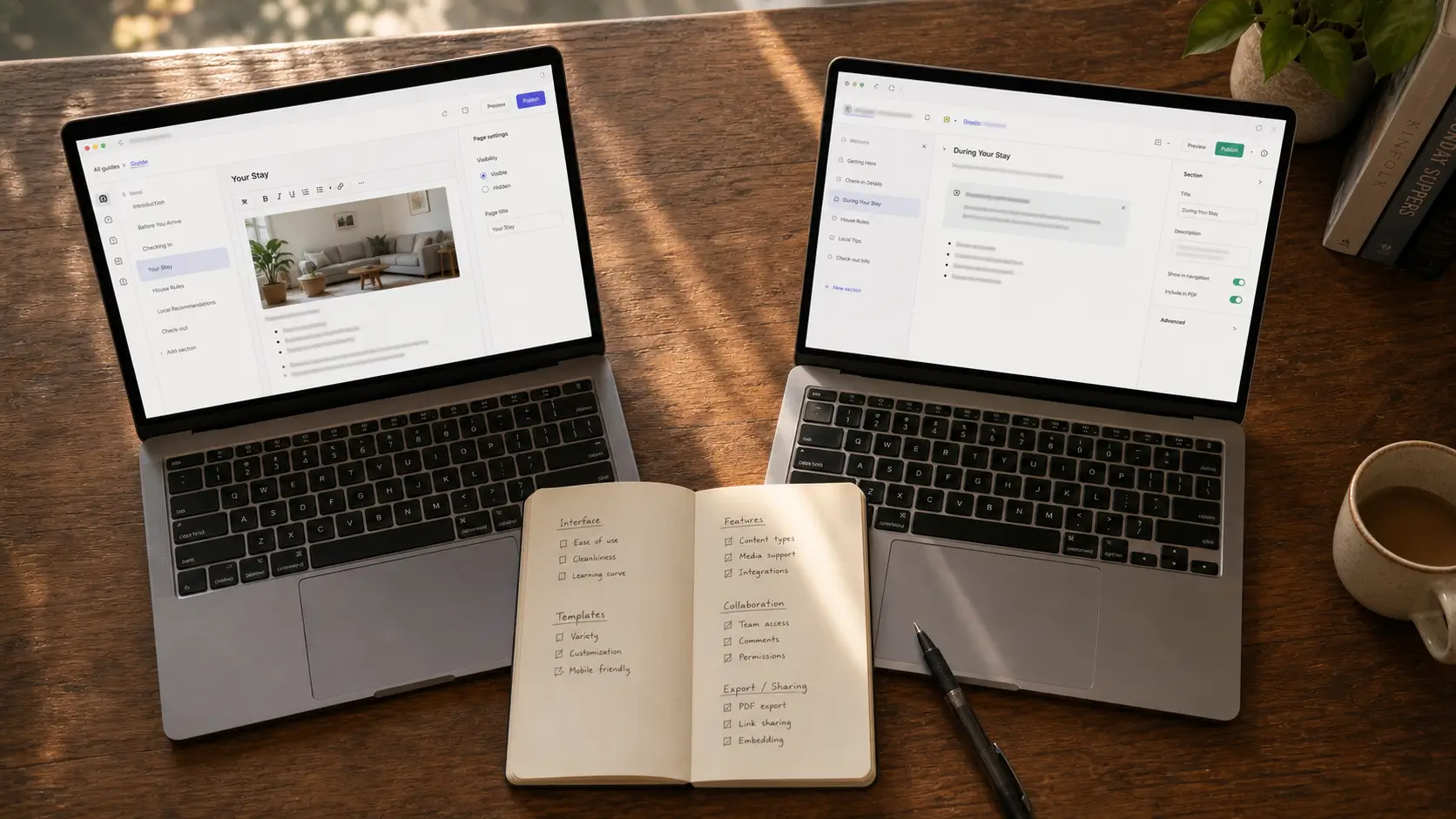 Two digital guidebook editors open side by side on laptops next to a handwritten criteria checklist.