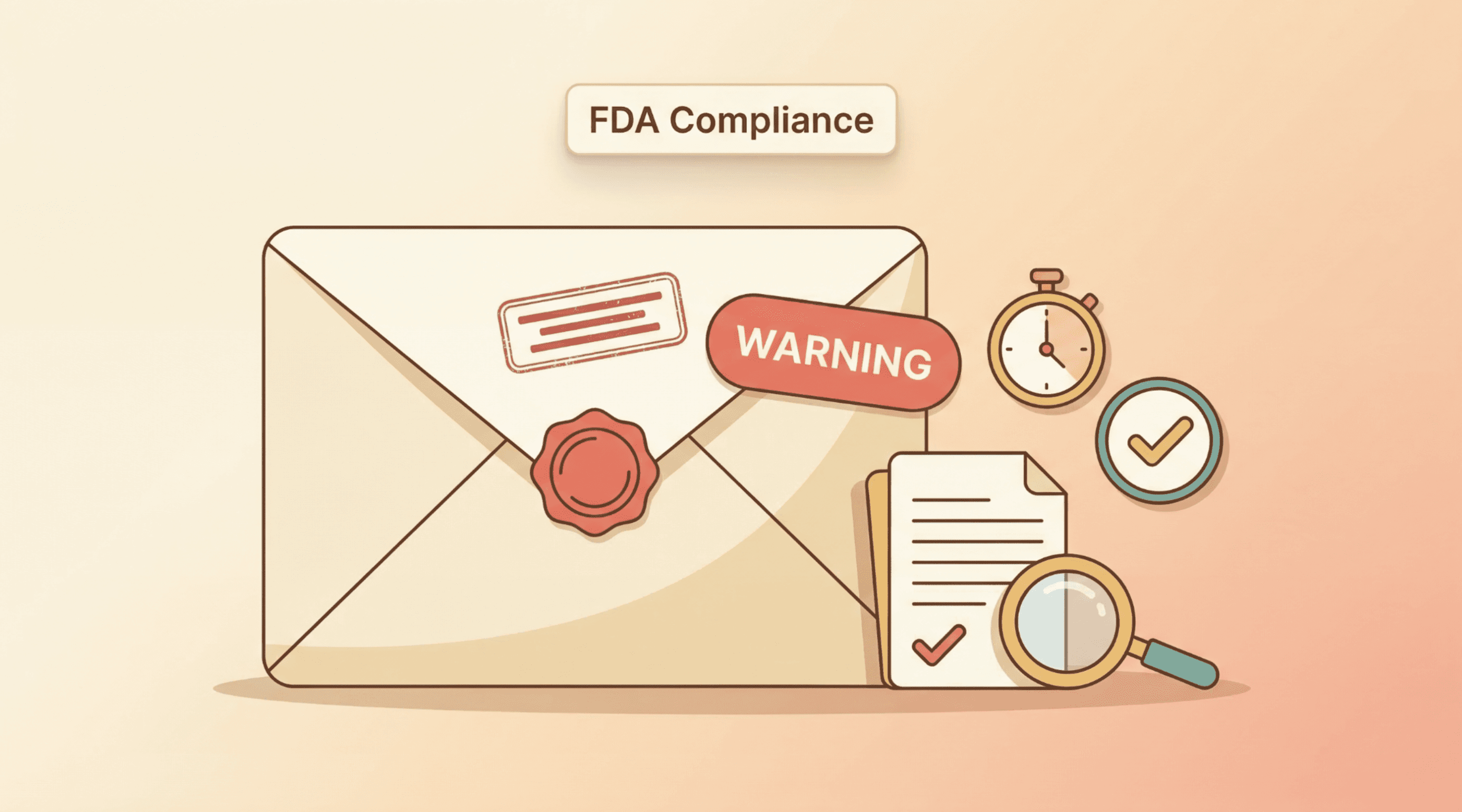 Illustration of a sealed envelope marked "Warning" alongside a stopwatch, document with checkmark, and magnifying glass, under an "FDA Compliance" label.