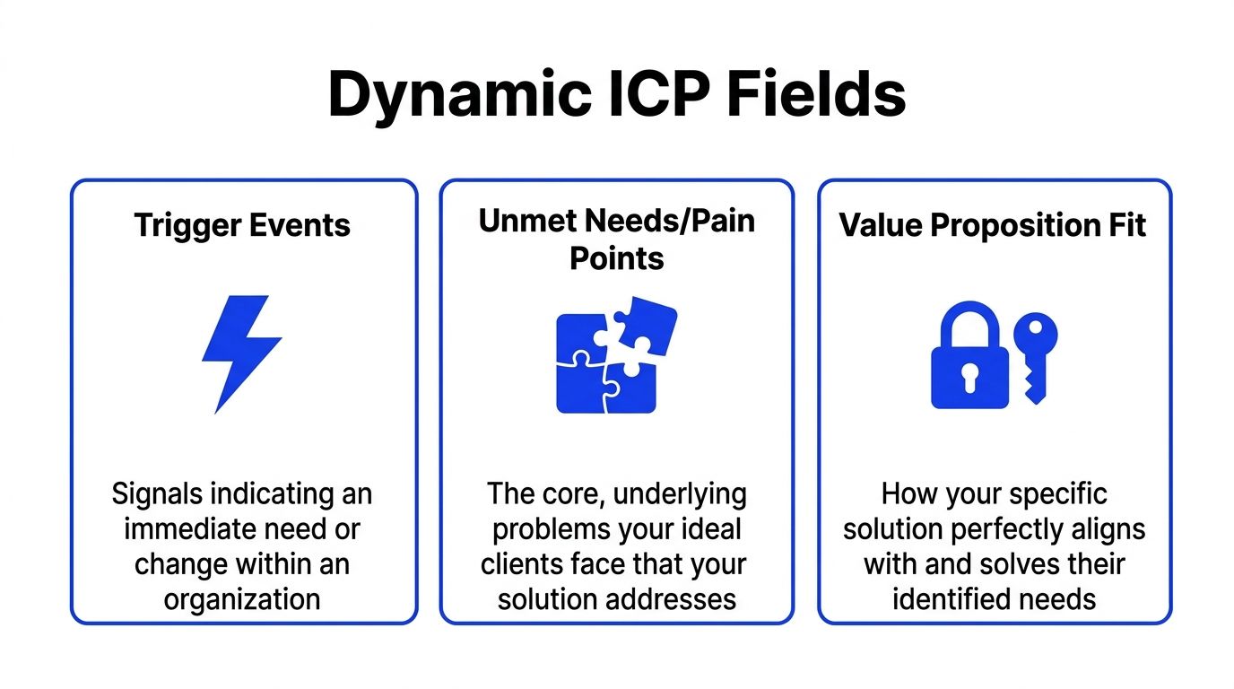 A diagram illustrating Dynamic ICP fields: Trigger Events, Unmet Needs or Pain Points, and Value Proposition Fit.