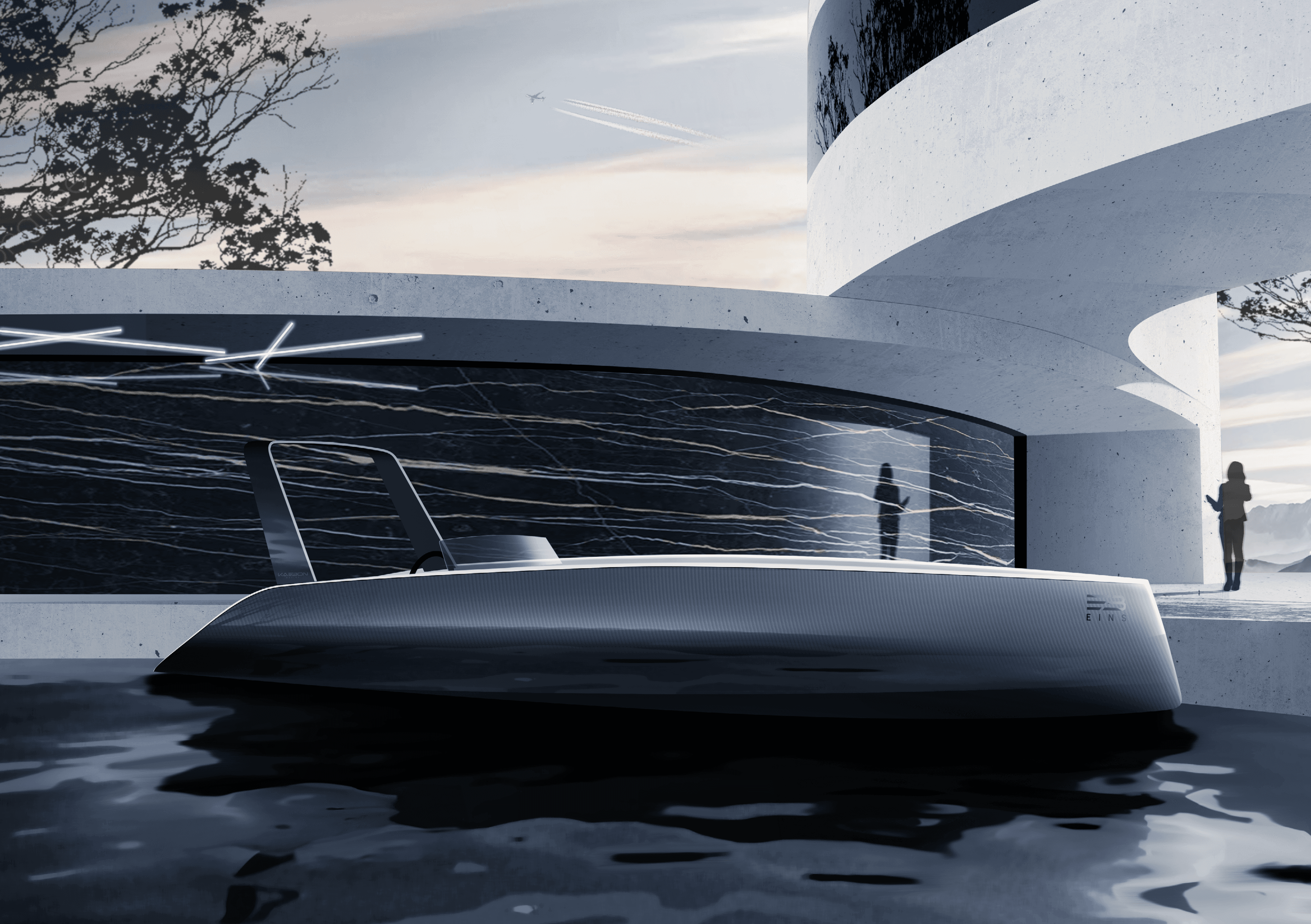 Exterior rendering of Kaebon electric boat showing design visualization at modern dock