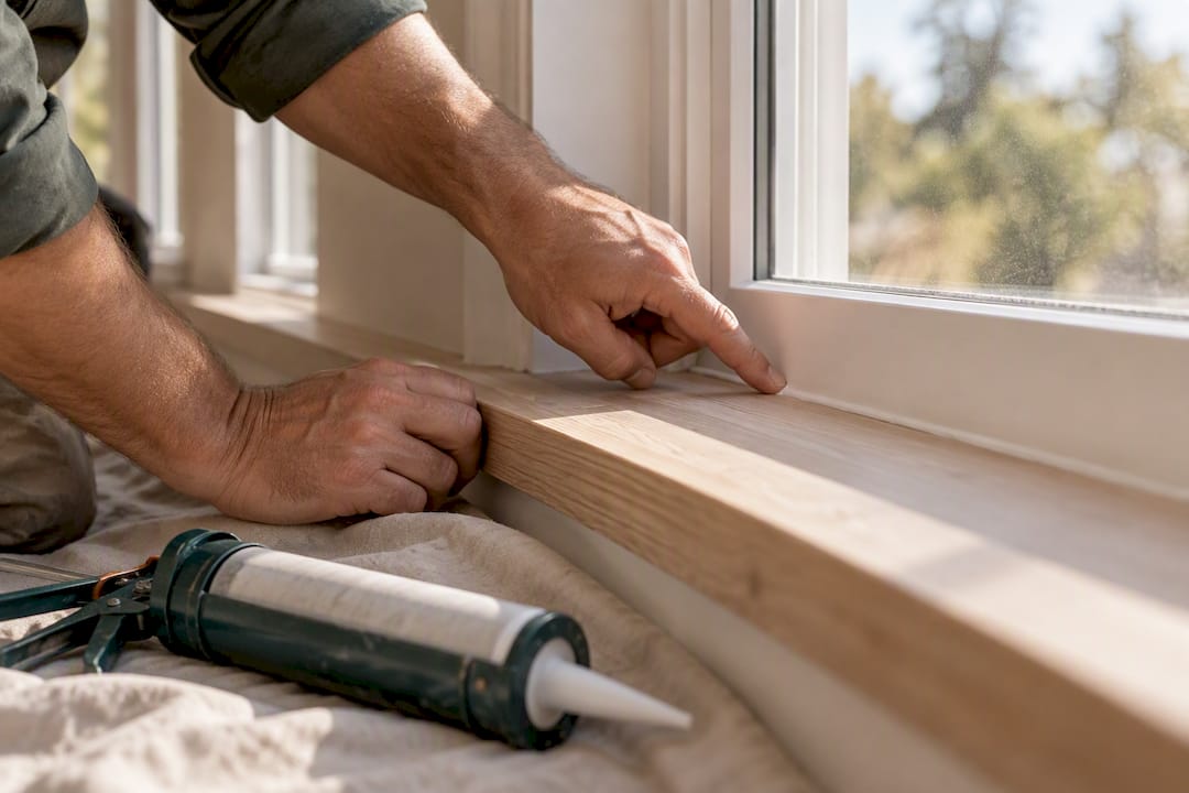 Contractor inspecting caulking around window frame