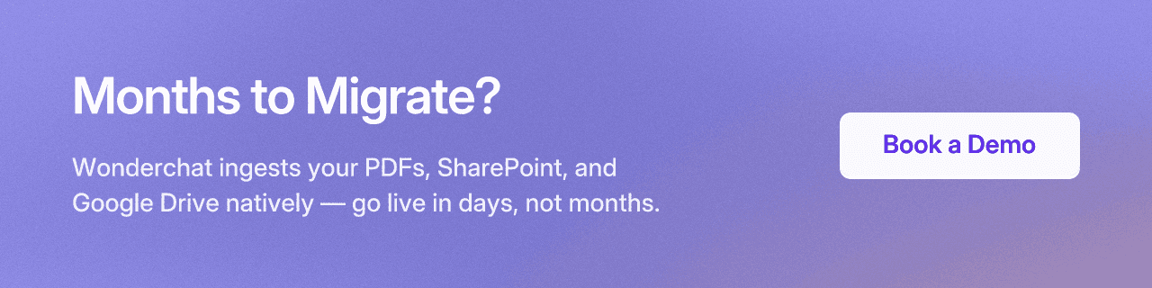 Months to Migrate? Wonderchat ingests your PDFs, SharePoint, and Google Drive natively — go live in days, not months. Book a Demo.