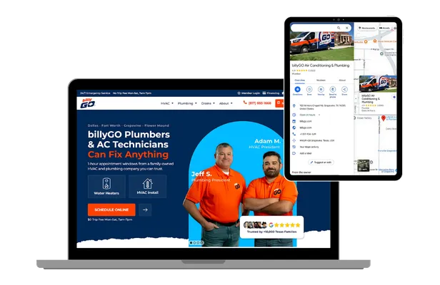 billyGO Plumbers and AC Technicians website displayed on a laptop and tablet.