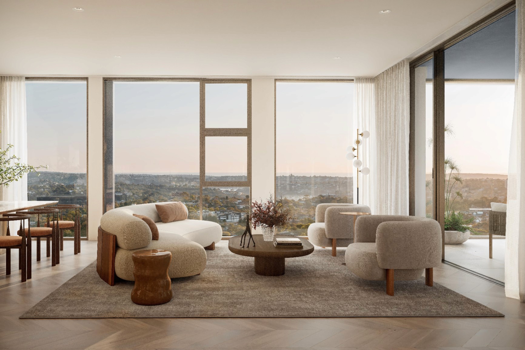 Light-filled living room with city views in Falcon and Alexander off the plan Sydney apartment by Deicorp