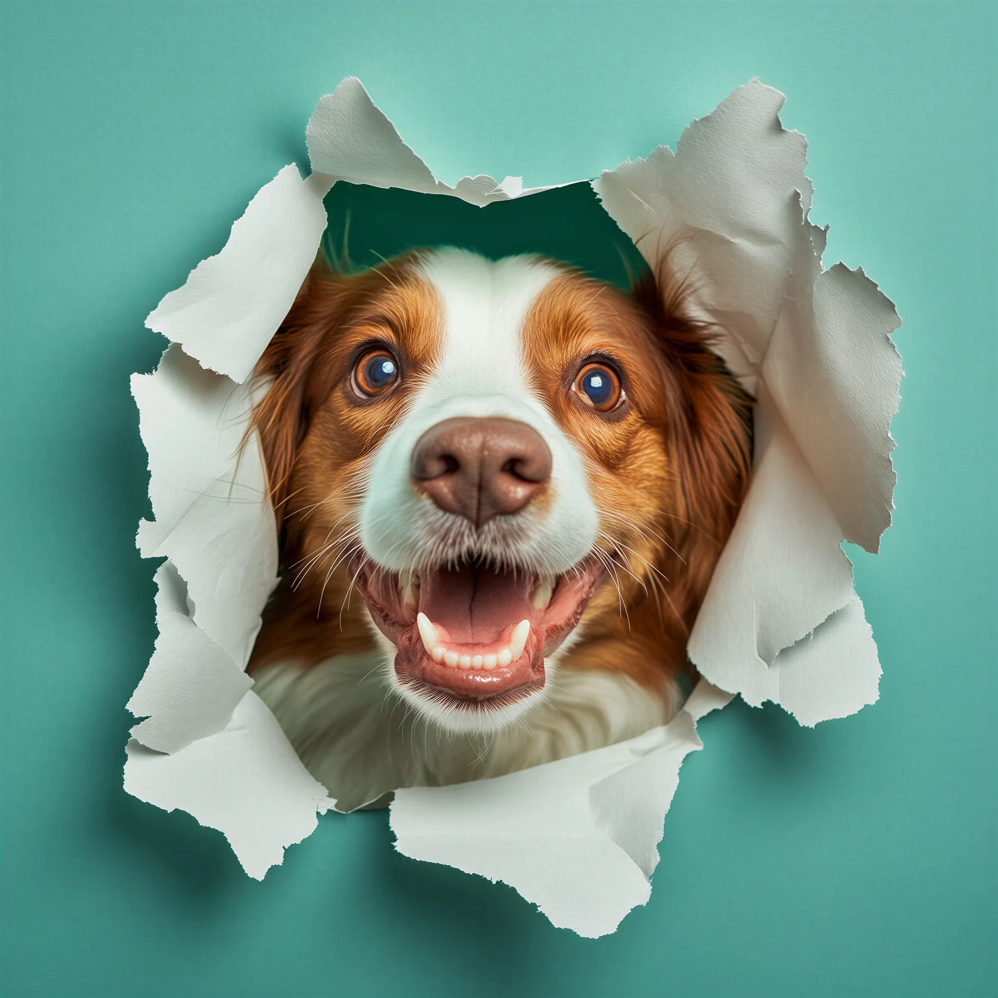 A happy dog bursting through torn teal paper